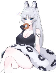 Rule 34 | 1girl, absurdres, animal ear fluff, animal ears, bare arms, bare shoulders, black camisole, black gloves, blue eyes, breasts, camisole, cleavage, collarbone, crossed legs, dalgam12, doughnut, eating, feet out of frame, food, gloves, grey hair, hair intakes, highres, holding, holding food, large breasts, leopard ears, leopard girl, leopard tail, long hair, original, parted bangs, simple background, single glove, solo, strap slip, tail, very long hair, white background