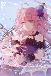 Rule 34 | 1girl, ahoge, bare shoulders, benghuai xueyuan, blue background, brown eyes, chain, character name, commentary request, dress, eyes visible through hair, flower, gloves, grey eyes, hair flower, hair ornament, hair over one eye, happy birthday, heterochromia, highres, honkai (series), long hair, parted lips, pink hair, purple dress, purple flower, purple rose, rose, silence (pixiv18541142), sin mal (benghuai xueyuan), single glove, smile, solo, stuffed animal, stuffed rabbit, stuffed toy, two side up, very long hair, white gloves, wrist cuffs