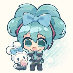 Rule 34 | 1girl, absurdres, alternate hairstyle, aqua eyes, aqua hair, aqua necktie, black footwear, black skirt, blue bow, blush, boots, bow, chibi, cinnamiku, cinnamon roll, cinnamoroll, clenched hands, cosplay, crossover, detached sleeves, double bun, ear bow, food, full body, hair bow, hair bun, hands up, happy, hatsune miku, hatsune miku (cosplay), headphones, heart, highres, holding, holding food, looking at another, matching outfits, miniskirt, misosiru 0224, necktie, open mouth, pleated skirt, sanrio, skirt, striped, thighhighs, tie clip, tied ears, updo, vocaloid, zettai ryouiki