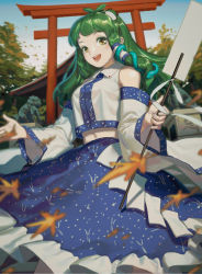 Rule 34 | 1girl, :d, antenna hair, autumn leaves, blue skirt, blush, collared vest, commentary, congming lan, cowboy shot, detached sleeves, falling leaves, frog hair ornament, gohei, green hair, hair ornament, hair tubes, highres, holding, holding gohei, kochiya sanae, leaf, lips, long hair, looking at viewer, maple leaf, midriff, navel, open mouth, shrine, skirt, smile, snake hair ornament, solo, stone lantern, teeth, torii, touhou, vest, white sleeves, white vest, wide sleeves, yellow eyes