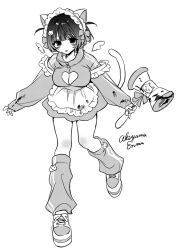 Rule 34 | 1girl, akiyama enma, animal ears, apron, artist name, blush, breasts, cat ears, cat tail, cleavage cutout, clothing cutout, drawn wings, full body, greyscale, hammer, heart cutout, holding, holding hammer, jacket, jersey maid, large breasts, long sleeves, looking at viewer, loose socks, maid, maid apron, maid headdress, monochrome, original, short hair, simple background, socks, solo, standing, tail, tongue, tongue out, track jacket, two side up, unconventional maid, waist apron, white background