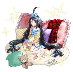 Rule 34 | 1girl, :o, absurdly long hair, ahoge, bare shoulders, black hair, black ribbon, blanket, blue bow, blue eyes, blue legwear, blue ribbon, blush, bow, camisole, cardigan, choker, crescent, frilled pillow, frills, fur trim, hair bow, hairband, highres, hk (wgyz7222), holding, holding toy, huge ahoge, jewelry, long hair, long sleeves, looking at viewer, loose socks, low-tied long hair, no shoes, off shoulder, pajamas, panilla the revival, pendant, pendant choker, pillow, plaid, plaid pillow, pointy ears, polka dot, polka dot camisole, pom pom (clothes), ribbon, rug, sidelocks, simple background, sitting, slippers, socks, solo, sparkle, star (symbol), strap slip, striped clothes, striped legwear, striped socks, stuffed animal, stuffed rabbit, stuffed toy, stuffed unicorn, teddy bear, thigh strap, toy, unworn slippers, very long hair, wariza, white background, yellow cardigan, yellow footwear