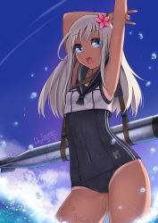 Rule 34 | 10s, 1girl, artist name, blonde hair, blue eyes, clothes writing, cloud, covered navel, crop top, dated, def (chronowarld), flower, hair flower, hair ornament, highres, japanese flag, kantai collection, long hair, one-piece swimsuit, one-piece tan, open mouth, ro-500 (kancolle), school swimsuit, school uniform, serafuku, sky, solo, swimsuit, swimsuit under clothes, tan, tanline, torpedo, water, wet