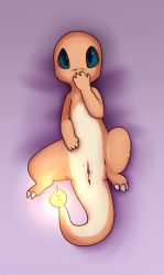 Rule 34 | 1girl, anus, artist name, black eyes, charmander, claws, covering own mouth, creatures (company), dakimakura (medium), feet, female focus, fire, full body, furry, furry female, game freak, gen 1 pokemon, hand to own mouth, hand up, looking up, lying, nintendo, on back, pokemon, pokemon (creature), pokemon rgby, purple background, pussy, shiny skin, signature, simple background, solo, spread legs, tail, text focus, uncensored, vandalistpikachu