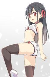 Rule 34 | 1girl, :d, ass, bare arms, bare shoulders, black hair, blush, bow, bow bra, bow panties, bra, breasts, brown thighhighs, hair ribbon, hatsunatsu, high heels, long hair, looking at viewer, open mouth, original, panties, red eyes, red ribbon, ribbon, shoe soles, shoes, small breasts, smile, solo, standing, standing on one leg, thighhighs, underwear, underwear only, very long hair, white bra, white footwear, white panties