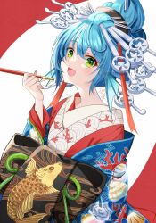 Rule 34 | 1girl, :d, blue hair, character request, commission, fins, green eyes, hair bun, head fins, highres, holding, holding smoking pipe, japanese clothes, kimono, kiseru, long sleeves, looking at viewer, maou no hajimekata (dmm), nekozuki yuki, off shoulder, open clothes, open mouth, red background, red kimono, skeb commission, smile, smoking pipe, solo, two-tone background, watermark, white background, wide sleeves