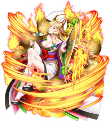 Rule 34 | 1girl, animal ears, blonde hair, breasts, cleavage, hand fan, fire, fox ears, fox tail, full body, highres, holding, japanese clothes, kimono, large breasts, long hair, looking at viewer, multiple tails, obi, official art, outstretched arm, platform footwear, red eyes, sandals, sash, sidelocks, simple background, solo, tabi, tail, white background, youkai hyakki-tan!