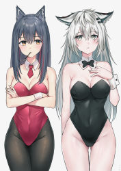 Rule 34 | 2girls, :&lt;, absurdres, animal ears, arknights, bare arms, bare shoulders, black bow, black hair, black legwear, black leotard, black neckwear, blush, bow, bowtie, breasts, brown eyes, chinese commentary, cleavage, collarbone, commentary request, covered navel, cowboy shot, crossed arms, detached collar, food, food in mouth, gluteal fold, grey background, grey eyes, groin, hair between eyes, hair ornament, hairclip, hand on own chest, hand up, highres, lappland (arknights), leotard, long hair, looking at viewer, medium breasts, mouth hold, multicolored hair, multiple girls, necktie, nontraditional playboy bunny, pantyhose, playboy bunny, pocky, red hair, red leotard, red neckwear, scar, scar across eye, scar on face, sidelocks, silver hair, simple background, standing, strapless, strapless leotard, streaked hair, texas (arknights), thighs, traditional bowtie, wolf ears, wrist cuffs, ying jing meng
