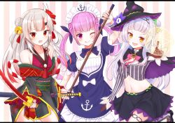 Rule 34 | 3girls, absurdres, anchor symbol, bad id, bad twitter id, bell, collarbone, commentary request, detached sleeves, gloves, hair bun, hair ribbon, hat, highres, hololive, horns, katana, leg up, light purple hair, long hair, looking at viewer, magic circle, maid headdress, mask, mask on head, midriff, minato aqua, minato aqua (1st costume), multiple girls, murasaki shion, murasaki shion (1st costume), nail polish, nakiri ayame, nakiri ayame (1st costume), navel, open mouth, pointing, pointing at viewer, purple hair, red eyes, ribbon, silver hair, single hair bun, sword, tongue, tongue out, twintails, village cat, virtual youtuber, weapon, witch hat, yellow eyes