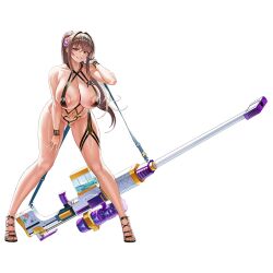 Rule 34 | 1girl, anti-materiel rifle, areola slip, bikini, bikini top only, black bikini, black footwear, black pasties, bracelet, breasts, brown eyes, brown hair, cleavage, collarbone, covered erect nipples, criss-cross halter, duct tape, english text, flower, from below, full body, game cg, gluteal fold, grin, groin, groin tendon, gun, hair between eyes, hair flower, hair ornament, halterneck, hand on own thigh, heart bikini, heart maebari, hibiscus, high heels, holding, holding gun, holding weapon, huge breasts, huge weapon, jewelry, last origin, leaning forward, legs apart, linea alba, long hair, looking at viewer, maebari, micro bikini, nail polish, navel, necklace, nipple slip, nipples, official alternate costume, official art, open mouth, partially visible vulva, pasties, pink flower, ponytail, puffy nipples, purple flower, rifle, ring, royal arsenal, shiny skin, simple background, smile, sniper rifle, solo, standing, star sticker, sticker, strappy heels, swimsuit, tachi-e, taesi, tape, tape on nipples, tape on pussy, thick thighs, thigh strap, thighs, third-party source, transparent background, water gun, weapon, white nails