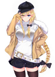 Rule 34 | 1girl, belt, black bow, black bra, black hat, black shorts, black thighhighs, blonde hair, blue eyes, bow, bra, braid, bralines, breasts, brown jacket, cowboy shot, elf, eyes visible through hair, fur-trimmed jacket, fur trim, hair bow, hair over one eye, hand on own hip, hat, hat tip, heterochromia, highres, jacket, large breasts, long braid, long hair, looking at viewer, loose belt, muka tsuku, off shoulder, open clothes, open jacket, original, pointy ears, polka dot, polka dot bow, ribbed sweater, see-through, shorts, simple background, single braid, sleeves past fingers, sleeves past wrists, smile, solo, sweater, thighhighs, turtleneck, turtleneck sweater, underwear, very long hair, white background, white belt, white sweater, yellow eyes