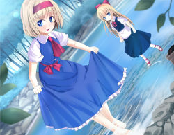 Rule 34 | 1girl, a (aaaaaaaaaaw), alice margatroid, apron, ascot, barefoot, bent over, blue dress, blue eyes, bow, clothes lift, curtsey, dress, dress lift, flying sweatdrops, forest, hair bow, hairband, long hair, looking at viewer, nature, open mouth, puffy sleeves, red footwear, river, sash, shanghai doll, shirt, shoes, short hair, short sleeves, smile, soaking feet, touhou, very long hair, wading, waist apron, water