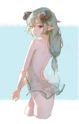 Rule 34 | 1girl, ahoge, ass, backless outfit, bare back, blue eyes, borrowed character, cropped legs, curled horns, dino (dinoartforame), from side, green hair, highres, horns, long hair, looking at viewer, looking to the side, low-tied long hair, open mouth, original, own hands together, panties, parted lips, pointy ears, see-through, simple background, solo, underwear, v arms, white panties