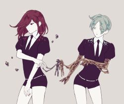 Rule 34 | 2others, androgynous, cinnabar (houseki no kuni), colored skin, crystal hair, eyes visible through hair, gem uniform (houseki no kuni), golden arms, green eyes, green hair, hair over one eye, houseki no kuni, long bangs, looking at another, mercury (element), multiple others, necktie, phosphophyllite, red eyes, red hair, short hair, spoilers, tan background, white skin