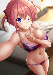 Rule 34 | 1girl, ;), bare arms, bare shoulders, bed, blurry, blurry background, blush, bow, bow bra, bow panties, bra, breasts, cleavage, commentary, depth of field, go-toubun no hanayome, hair between eyes, hair bow, highres, indoors, kazenokaze, large breasts, looking at viewer, nail polish, nakano ichika, navel, one eye closed, panties, pink hair, polka dot, polka dot bow, purple bra, purple panties, reaching, reaching towards viewer, red nails, selfie, smile, solo, twintails, underwear, underwear only