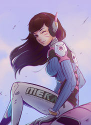 Rule 34 | 1girl, ;), acronym, arm support, black hair, blurry, bodysuit, bracer, brown eyes, clothes writing, cloud, d.va (overwatch), day, depth of field, english text, facial mark, floating hair, from side, gloves, headphones, knees up, koyorin, light smile, long hair, looking at viewer, looking back, one eye closed, outdoors, overwatch, overwatch 1, parted lips, robot ears, sitting, sky, smile, solo, turtleneck, watermark, web address, whisker markings, wind, wink