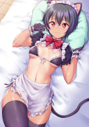 Rule 34 | 1girl, animal ears, apron, bed, bed sheet, bikini, black bikini, black gloves, black hair, black thighhighs, blush, bow, bowtie, breasts, breasts apart, cat ears, cat girl, cat tail, closed mouth, commentary request, frilled apron, frilled bikini, frilled cuffs, frilled sleeves, frills, from above, front-tie bikini top, front-tie top, frown, gloves, highres, kanabun, looking at viewer, lying, maid, maid bikini, maid headdress, natsumi-chan (kanabun), navel, on back, on bed, one-piece tan, original, pillow, pillow grab, puffy short sleeves, puffy sleeves, red bow, red bowtie, red eyes, ribbon, short hair, short sleeves, shrug (clothing), small breasts, solo, stomach, swimsuit, tail, tan, tanline, thighhighs, unconventional maid, underboob, waist apron, white apron, white ribbon, wrist cuffs