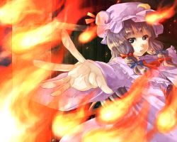 Rule 34 | 1girl, bad id, bad pixiv id, female focus, fire, foreshortening, itirirenn, outstretched hand, patchouli knowledge, solo, touhou