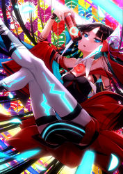 Rule 34 | 1girl, arm up, bare shoulders, black dress, black hair, blue eyes, blunt bangs, blush, breasts, can, clothes around waist, cluseller, collarbone, colorful, dive to zone, dress, drink can, english text, female focus, hair ribbon, half-closed eyes, highres, holding, horns, jacket, jacket around waist, japanese text, legs up, light blush, long hair, looking at viewer, nail polish, neon trim, off shoulder, open mouth, original, petals, pink nails, red jacket, red ribbon, ribbon, short dress, skindentation, small breasts, soda can, solo, symbol-shaped pupils, thighhighs, translation request, white thighhighs