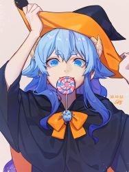 Rule 34 | 1boy, arms up, black capelet, black hat, blue eyes, blue hair, bow, bowtie, candy, capelet, commentary, dated, food, grey background, halloween, hands on headwear, hat, highres, horns, lollipop, long hair, looking at viewer, male focus, mouth hold, orange bow, orange bowtie, orange hat, original, sidelocks, signature, simple background, smile, solo, swirl lollipop, thick eyebrows, upper body, wide sleeves, witch hat, yurang