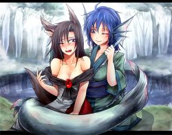 Rule 34 | 2girls, ;), animal ears, bare shoulders, blue eyes, blue hair, blush, breasts, brooch, brown hair, cleavage, collarbone, dress, eyelashes, facial mark, fangs, fins, fish tail, forest, grabbing another&#039;s ear, hand on another&#039;s ear, head fins, hugging tail, imaizumi kagerou, japanese clothes, jewelry, kimono, lake, large breasts, long hair, long sleeves, mermaid, monster girl, multiple girls, nature, obi, off shoulder, one eye closed, open mouth, razor, red eyes, ryuuichi (f dragon), sash, shirt, sitting, skirt, smile, straight razor, tail, touhou, wakasagihime, wide sleeves, wink, wolf ears, wolf tail, yuri