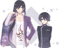 Rule 34 | 2boys, alternate hairstyle, black hair, black jacket, blue eyes, breast pocket, buttons, collarbone, cropped torso, danganronpa (series), danganronpa v3: killing harmony, double-breasted, frown, grey background, hair over shoulder, hair ribbon, jacket, juugonichi (wheeliex2), long hair, long sleeves, looking to the side, male focus, momota kaito, multiple boys, one eye closed, open clothes, open jacket, open shirt, pink jacket, pocket, ponytail, print shirt, red ribbon, ribbon, saihara shuichi, shirt, short hair, space print, starry sky print, striped clothes, striped jacket, translation request, upper body, white shirt