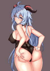 Rule 34 | 1girl, absurdres, artist request, ass, ass grab, bare shoulders, blue hair, blush, breasts, cameltoe, covered erect nipples, deep skin, from behind, frown, ganyu (genshin impact), genshin impact, grey background, highres, horns, huge ass, huge breasts, leotard, long hair, looking at viewer, looking back, open mouth, purple eyes, shiny clothes, shiny skin, sideboob, simple background, skin tight, solo, very long hair