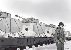 Rule 34 | 1boy, absurdres, camouflage, camouflage jacket, cigarette, commentary request, day, gloves, greyscale, gun, helmet, highres, jacket, long sleeves, male focus, military, military jacket, military uniform, military vehicle, monochrome, motor vehicle, mp40, outdoors, pants, panzer iv, panzer iv, photo-referenced, pui pui molcar, shaded face, sleeves past wrists, smoke, smoking, standing, submachine gun, tank, tears, train, twitter username, uniform, weapon, world war ii, yontouhei2019