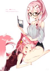 Rule 34 | 2girls, :d, animal ears, bad id, bad pixiv id, bare arms, bare shoulders, barefoot, black shorts, blush, book, braid, brown eyes, choker, closed eyes, collarbone, fang, flower, fox ears, fox girl, fox tail, glasses, hair flower, hair intakes, hair ornament, hairpin, hand on another&#039;s head, highres, holding, holding book, hood, hoodie, lap pillow, lying, multicolored tail, multiple girls, off-shoulder shirt, off shoulder, on stomach, open book, open mouth, original, pink hair, ponytail, reading, rei (sakuragi ren), sakura mochi (sakuragi ren), sakuragi ren, sakuramochi (sakuragi ren), seiza, shirt, shorts, simple background, sitting, sleeveless, sleeveless hoodie, smile, sweater vest, tail, translation request, usui pink (sakuragi ren), white background, white tail