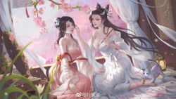 Rule 34 | 2girls, anklet, barefoot, bed, bell, black hair, bodypaint, branch, breasts, cat, china dress, chinese clothes, curtains, dress, highres, jewelry, jiao wu da zhanggui, large breasts, long hair, multiple girls, on bed, sitting, weibo logo, weibo watermark, window, yi zi zi