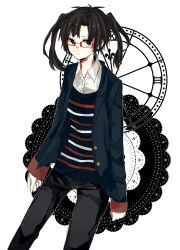 Rule 34 | 1girl, :/, alternate costume, arms at sides, bespectacled, black eyes, black hair, black vest, blazer, blue jacket, buttons, clenched hand, closed mouth, collared shirt, commentary request, cross, dial, enomoto takane, feet out of frame, fingernails, fleur-de-lis, glasses, grey pants, highres, jacket, kagerou project, lapels, latin cross, layered clothes, long sleeves, looking away, medium hair, monochrome background, notched lapels, open clothes, open collar, open jacket, pants, parted hair, partial commentary, pocket, rectangular eyewear, red-framed eyewear, red stripes, roman numeral, semi-rimless eyewear, shigunohito, shirt, solo, twintails, unbuttoned, under-rim eyewear, vest, white background, white shirt, white stripes