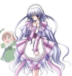 Rule 34 | 00s, 2girls, adapted costume, annoyed, apron, barasuishou, bloomers, chibi, chibi inset, corset, embarrassed, flower eyepatch, hand on own face, light purple hair, long hair, looking at viewer, maid, maid apron, maid headdress, multiple girls, rozen maiden, simple background, standing, suiseiseki, underwear, very long hair
