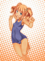 Rule 34 | 1girl, absurdres, bare legs, bare shoulders, barefoot, blush, breasts, cameltoe, collarbone, covered erect nipples, green eyes, highres, idolmaster, idolmaster (classic), one-piece swimsuit, open mouth, orange hair, racer (magnet), school swimsuit, short hair, small breasts, solo, swimsuit, takatsuki yayoi, tan, twintails