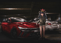 Rule 34 | 1girl, absurdres, alternate costume, black hair, black hoodie, black horns, blue archive, car, demon girl, demon horns, full body, fuuka (blue archive), halo, hand in pocket, head scarf, highres, hood, hoodie, horns, hyundai elantra, hyundai elantra n, mercedes-amg e63, motor vehicle, nougat (73r1r1), parking lot, red car, red eyes, red halo, solo, standing, white car, yellow headwear