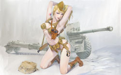 Rule 34 | 1girl, amatiz, american flag, ammunition pouch, anti-tank gun, armpits, arms up, belt, bikini, blonde hair, blue eyes, boots, breasts, crew-served weapon, gun, gun sling, hand on own head, hat, holstered, kneeling, knife, large breasts, long hair, navel, original, patch, pouch, shoulder patch, solo, swimsuit, underboob, united states, war, weapon, world war ii