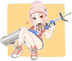 Rule 34 | 1girl, bare legs, beanie, blush, choker, dolphin shorts, e-liter 4k (splatoon), hat, heart, highres, holding, holding weapon, legs, looking at viewer, nintendo, octoling, octoling girl, octoling player character, orange background, outline, pink hair, pink hat, pukur, red eyes, shirt, shoes, short sleeves, shorts, sitting, smile, solo, splatoon (series), splatoon 3, t-shirt, tentacle hair, weapon, white outline
