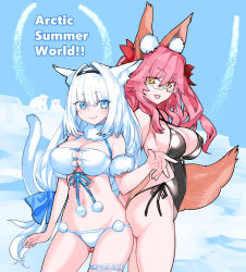 Rule 34 | 2girls, animal ear fluff, animal ears, bare shoulders, bikini, black one-piece swimsuit, blue bow, blue eyes, blush, bow, breasts, cat ears, cat girl, cat tail, cleavage, collarbone, dobrynya nikitich (fate), fate/grand order, fate (series), fox ears, fox girl, fox tail, glasses, hair between eyes, hair bow, hairband, highleg, highleg swimsuit, koyanskaya (fate), large breasts, long hair, looking at viewer, low ponytail, multiple girls, navel, one-piece swimsuit, open mouth, pink hair, red bow, robina, sidelocks, smile, swimsuit, tail, tamamo (fate), thighs, white bikini, white hair, yellow eyes