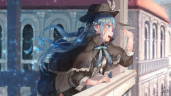 Rule 34 | 1girl, :d, arm support, balcony, black capelet, black hat, black jacket, black skirt, blue eyes, blue hair, blush, building, capelet, cropped jacket, day, frilled capelet, frills, from side, hair ornament, hat, hat feather, highres, jacket, leaning forward, light particles, long hair, long sleeves, open clothes, open jacket, open mouth, original, paper airplane, profile, round teeth, saraki, shirt, signature, skirt, smile, solo, standing, sunlight, teeth, white shirt