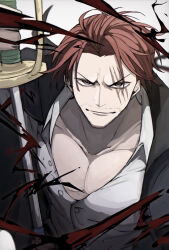Rule 34 | 1boy, 2409walker, closed mouth, commentary request, facial hair, holding, holding sword, holding weapon, male focus, one piece, red hair, scar, scar across eye, scar on face, shanks (one piece), shirt, short hair, smile, solo, sword, weapon, white shirt