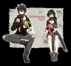 Rule 34 | 1girl, 2boys, age difference, andrew graves, ashley graves, black hair, black sweater, green eyes, highres, moni, multiple boys, pants, pink eyes, shorts, siblings, sitting, stuffed toy, sweater, the coffin of andy and leyley, torn clothes, torn pants