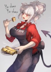Rule 34 | 1girl, apron, belt, black apron, black belt, black pants, blurry, blurry background, breasts, character name, clothes writing, collarbone, collared shirt, commentary request, demon girl, demon horns, demon tail, english text, food, fork, grey background, hand up, helltaker, highres, holding, holding fork, holding plate, horns, large breasts, leaning forward, lucifer (helltaker), medium hair, mole, mole under eye, ohako (ohako1818), open mouth, pancake, pants, plate, red eyes, red shirt, shirt, solo, tail, teeth, upper teeth only, white hair, white horns