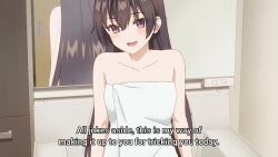 1girl animated anime_screenshot bare_shoulders blush breasts brown_hair collarbone grey_eyes highres long_hair looking_at_viewer medium_breasts naked_towel smile sound subtitled suou_yuki tagme thighs tokidoki_bosotto_roshia-go_de_dereru_tonari_no_alya-san towel video