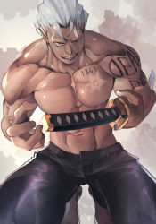 Rule 34 | 1boy, abs, absurdres, andy (undead unluck), antenna hair, arm tattoo, bad id, bad pixiv id, bara, black eyes, black pants, grey hair, highres, holding, holding sword, holding weapon, katana, kneeling, male focus, muscular, navel, pants, pectorals, solo, sword, tattoo, topless male, u takimura00, undead unluck, weapon
