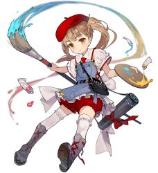 Rule 34 | 1girl, artist request, beret, bloomers, blouse, boots, bow, breasts, brown eyes, brown hair, chrono ark, collared dress, dress, eria (chrono ark), frills, game cg, hair ornament, hat, holding, holding paintbrush, looking at viewer, necktie, non-web source, official art, paint, paint on clothes, paintbrush, palette (object), pencil, ribbon, shirt, side ponytail, small breasts, thighhighs, tools, transparent background, underwear, unused, upskirt