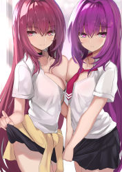 Rule 34 | 2girls, breast press, breasts, clothes around waist, clothes lift, fate/grand order, fate (series), hair intakes, highres, large breasts, lifted by self, long hair, looking at viewer, magic chocolate, multiple girls, necktie, one breast out, purple hair, red eyes, scathach (fate), scathach (fate), scathach skadi (fate), school uniform, shirt, short sleeves, skirt, skirt lift, smile, sweater, sweater around waist, symmetrical docking, third-party source, untied, white shirt