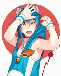 Rule 34 | 1girl, :o, animal ears, armpits, bell, blue hair, breasts, doraemon, doraemon (character), fang, food, go robots, hands up, highres, hood, hoodie, humanization, jingle bell, looking at viewer, naked hoodie, no bra, open mouth, sleeveless, slit pupils, small breasts, solo, tail, upper body, wristband, yellow eyes, zipper