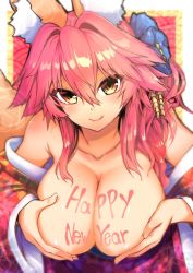 Rule 34 | 1girl, animal ear fluff, animal ears, grabbing another&#039;s breast, breasts, breasts out, cleavage, collarbone, commentary, commentary request, fate (series), flower, fox ears, fox girl, fox tail, grabbing, grabbing own breast, hair flower, hair ornament, happy new year, highres, japanese clothes, kimono, large breasts, light smile, looking at viewer, new year, pink hair, solo, tail, tamamo (fate), tamamo no mae (fate/extra), wisespeak, yellow eyes, yukata