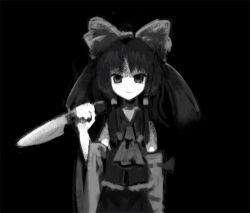 Rule 34 | ascot, black background, closed mouth, collared shirt, commentary request, detached sleeves, empty eyes, greyscale, hair ribbon, hakurei reimu, holding, holding knife, horror (theme), knife, kuroi nyan, long hair, looking at viewer, lowres, monochrome, no nose, nontraditional miko, ribbon, shirt, simple background, skirt, sleeveless, sleeveless shirt, smile, touhou