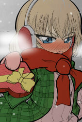 Rule 34 | 1girl, blonde hair, blue eyes, blush, breath, closed mouth, commentary, earmuffs, frown, gift, girls und panzer, green jacket, heart, highres, holding, holding gift, jacket, katyusha (girls und panzer), long sleeves, looking at viewer, mittens, pink mittens, pink shirt, red scarf, scarf, shirt, short hair, snow, solo, standing, tsundere, v-shaped eyebrows, valentine, wakku kan