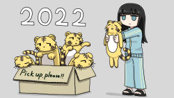 Rule 34 | 1girl, 2022, animal, black hair, blue eyes, blue jacket, blue pants, blunt bangs, box, cardboard box, closed mouth, fuchina (fucinami), full body, funo-chan (fuchina), grey background, highres, holding, holding animal, in box, in container, jacket, long hair, long sleeves, original, outstretched arms, pants, simple background, slippers, smile, solid eyes, solo, standing, tiger, track suit